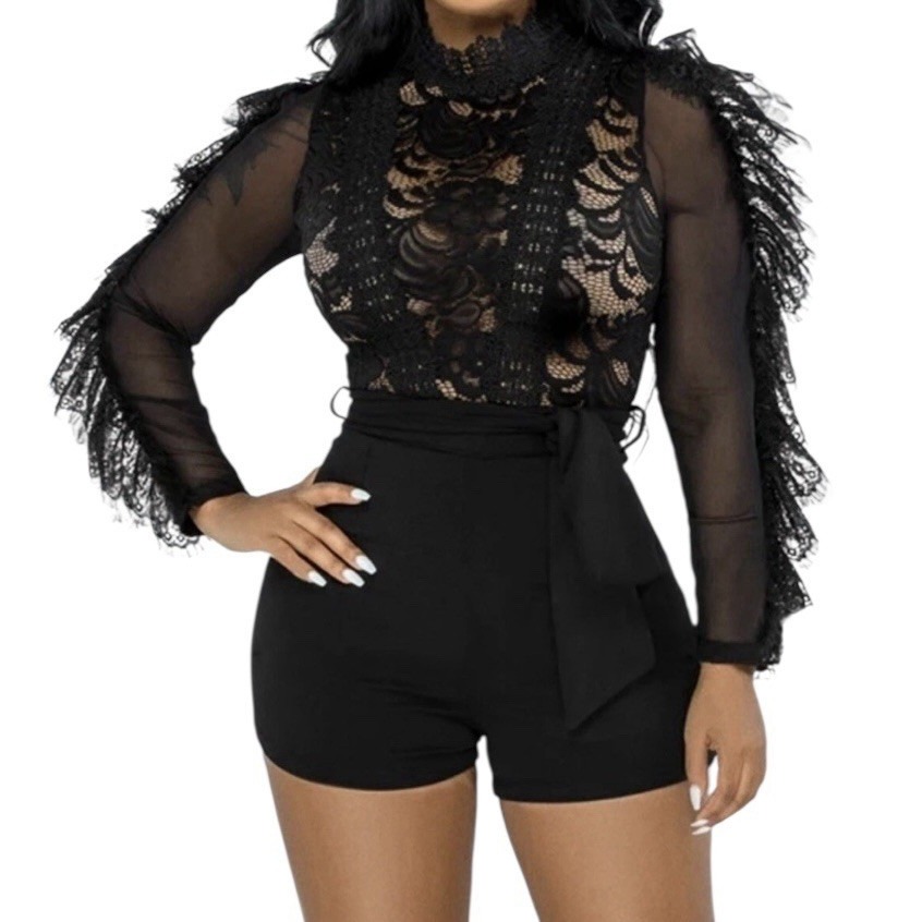 U Brand Ruffle Lace Romper Womens Medium Black Whimsigoth Goth Festival Nwot